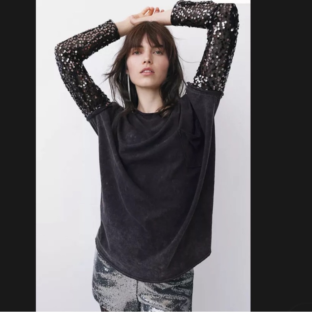 Free People Celine Tee Sequined Embellished Sleeve T Shirt Twofer Top Size XS